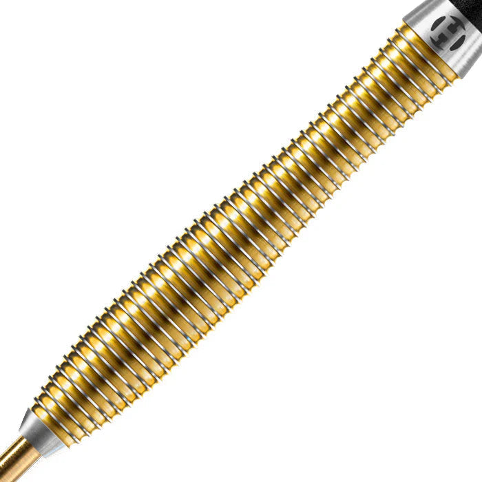 Macro close-up of V-Wing tungsten dart barrel showing detailed ringed grip texture and gold finish for enhanced throw control