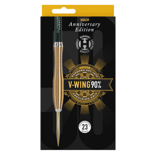 Single V-Wing 90% tungsten dart in box packaging, full view highlighting precision grip barrel and 23g weight for steel tip darts