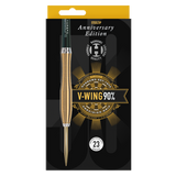 Single V-Wing 90% tungsten dart in box packaging, full view highlighting precision grip barrel and 23g weight for steel tip darts