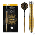 Steel tip tungsten dart with precision ringed barrel in gold, shown in retail packaging, full assembled view, and close-up barrel texture.