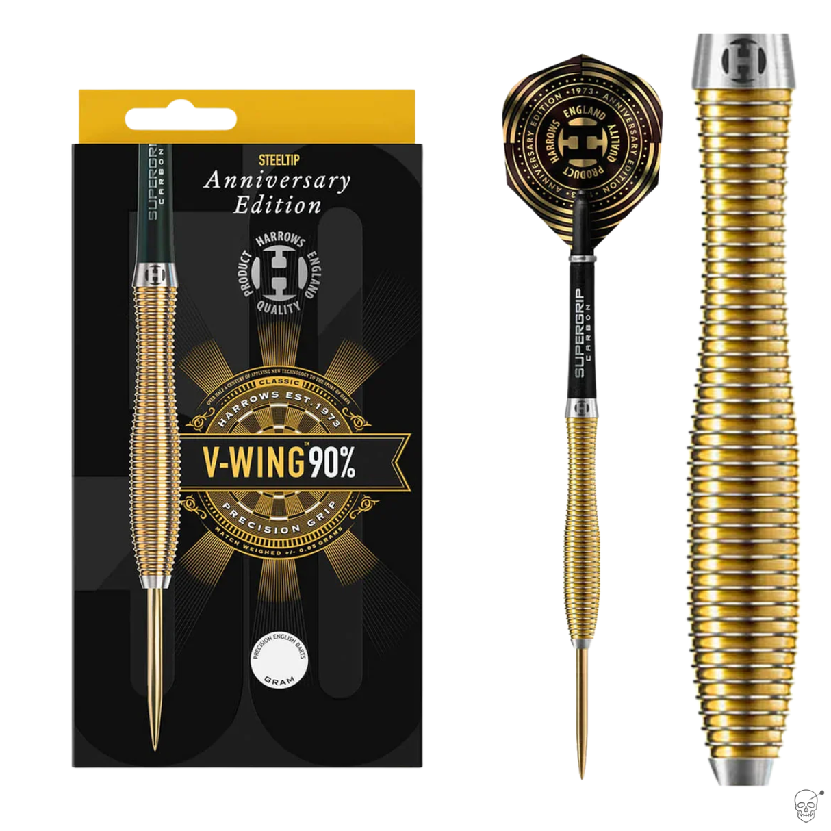 Steel tip tungsten dart with precision ringed barrel in gold, shown in retail packaging, full assembled view, and close-up barrel texture.