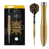 Steel tip tungsten dart with precision ringed barrel in gold, shown in retail packaging, full assembled view, and close-up barrel texture.