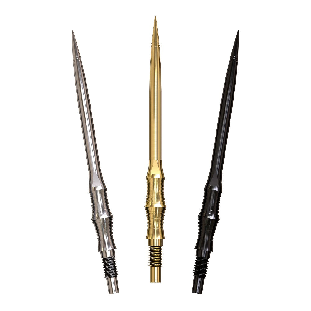 Harrows Apex Spire Elite Series Quick Points fanned in all three finishes - silver, gold and black - on a white background