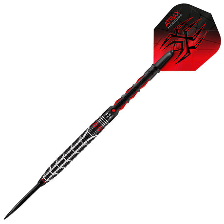 Full tungsten dart on white background, featuring intricate barrel grip, black point, red accents, and geometric flight design.