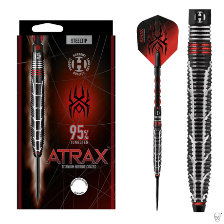 95% tungsten steel tip dart with black and red titanium coating, aggressive grip barrel, spider motif, full dart and packaging shown