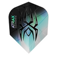 Harrows Atrax Black No.2 dart flight standing upright on a white background, black flight with teal and silver graphics