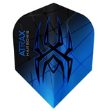 Full view dart flight with bold blue spider web graphic and Atrax model text, standard No.6 shape for dart setup