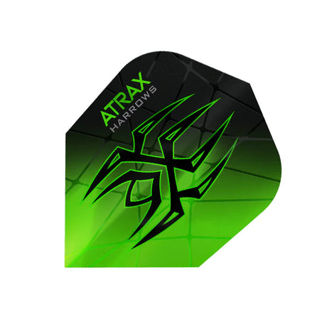 Close-up of Atrax Green No.6 dart flight, tribal pattern design, green-black gradient, isolated on white, standard dart accessory