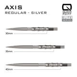 Harrows Axis Quick Point length comparison in silver showing 30mm, 35mm and 40mm