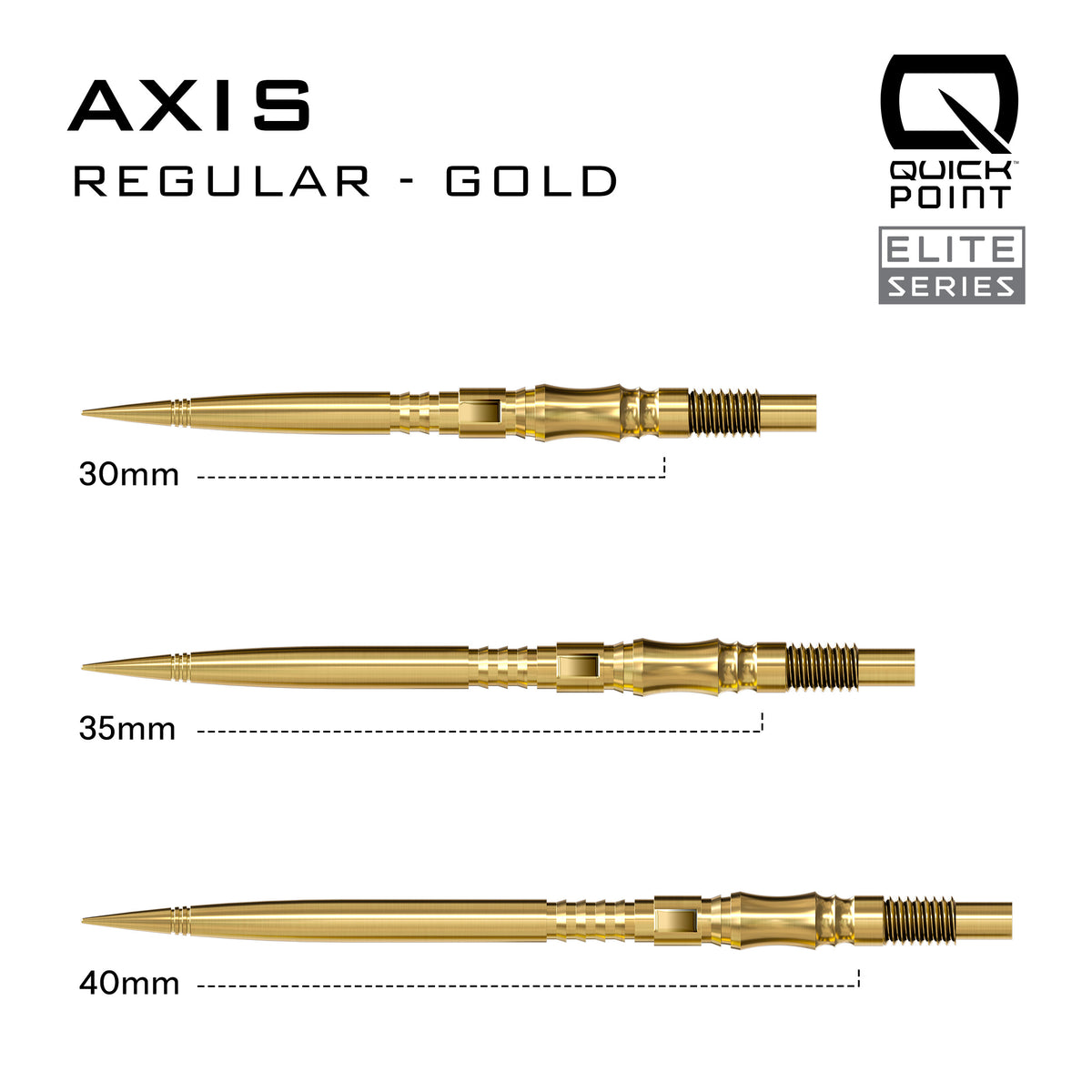 Harrows Axis Quick Point length comparison in gold showing 30mm, 35mm and 40mm