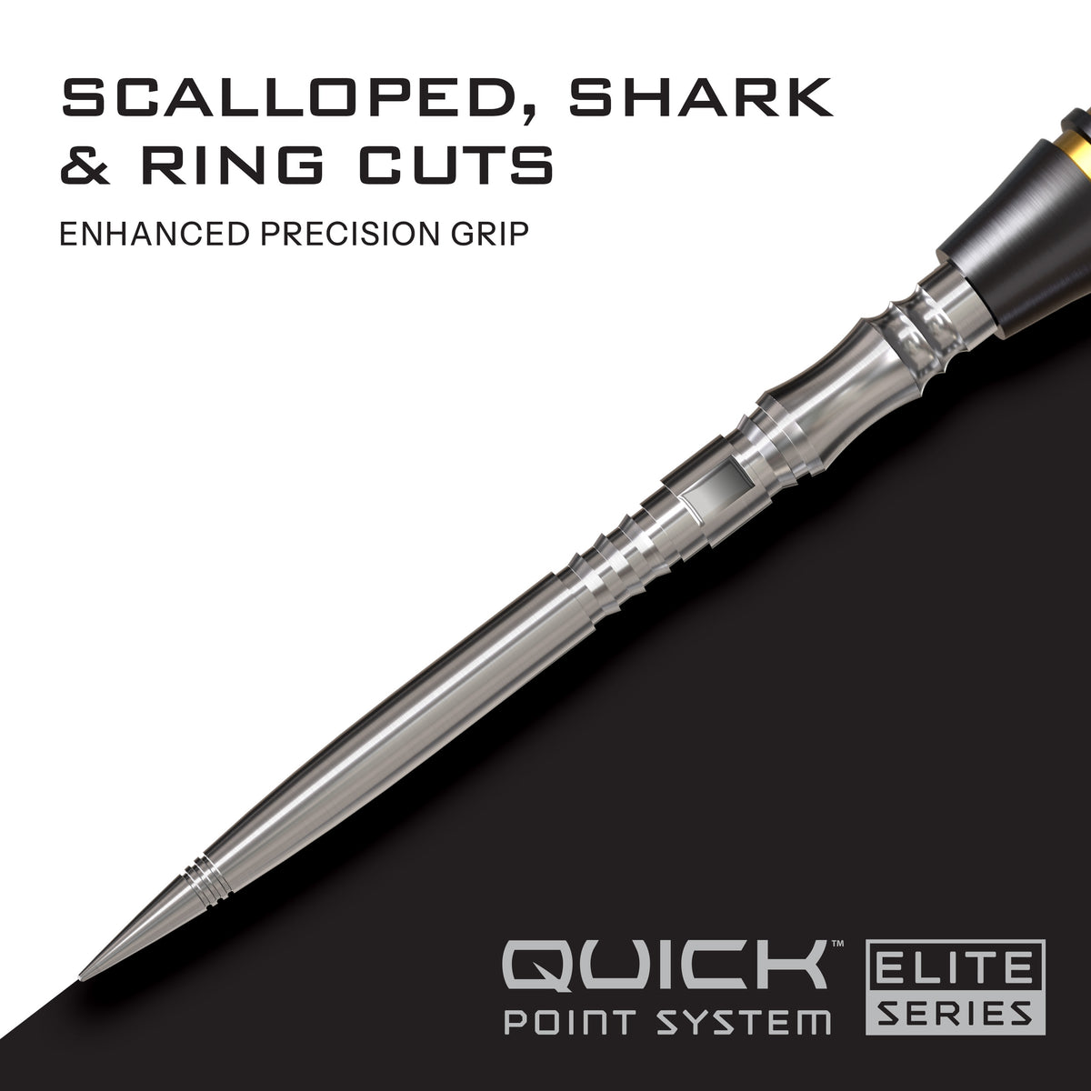 Close-up of the Harrows Axis Quick Point showing the scalloped, shark and ring cut grip