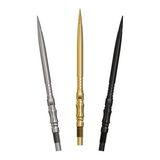 Harrows Axis Elite Series Quick Points fanned in all three finishes - silver, gold and black - on a white background