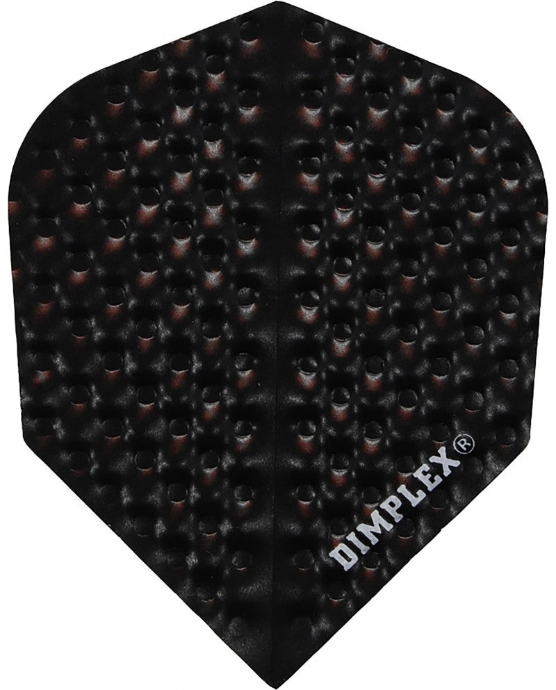 Black Dimplex dart flight close-up, dimpled texture, standard shape, isolated on white background for dart accessories