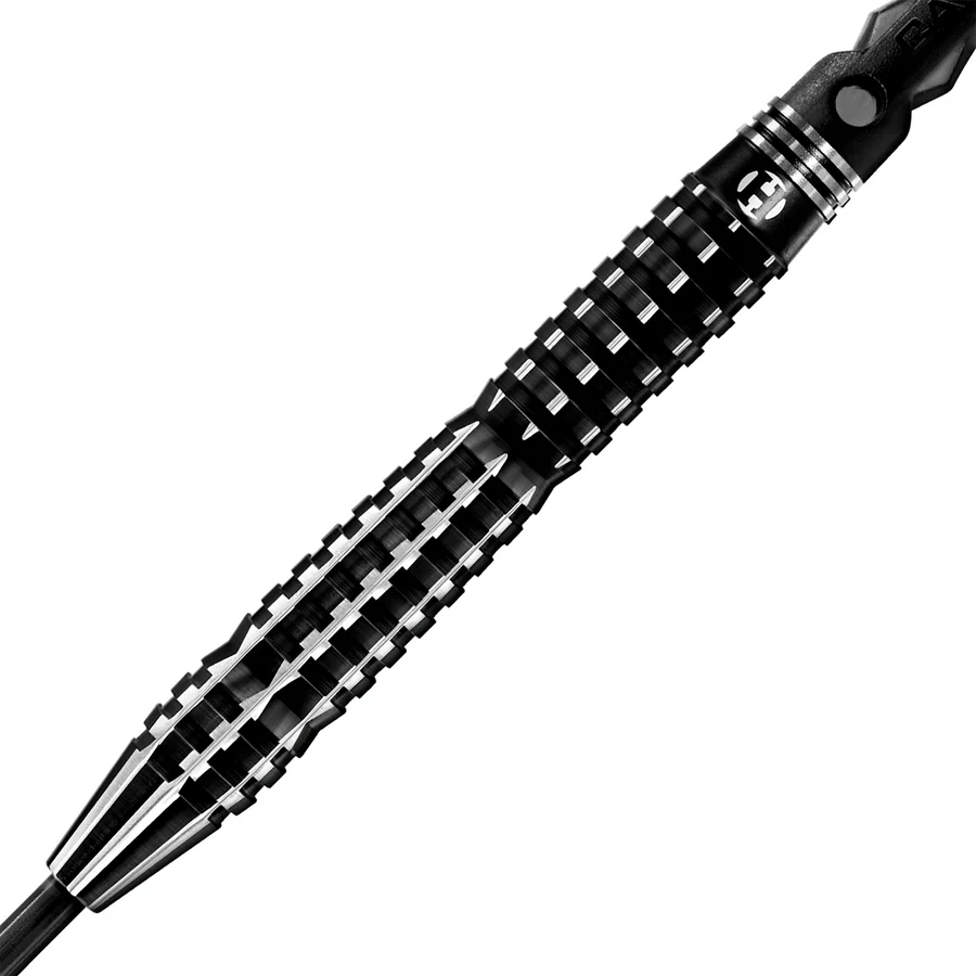 Close-up angled view of tungsten dart barrel showing precision grip texture and machined grooves for improved dart control