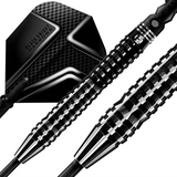 Macro close-up of 90% tungsten dart barrels with precision grip grooves and black carbon dart flight for advanced control