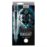 Steel tip tungsten dart vertical on retail packaging, grip texture and barrel details shown next to Black Knight 90% tungsten branding