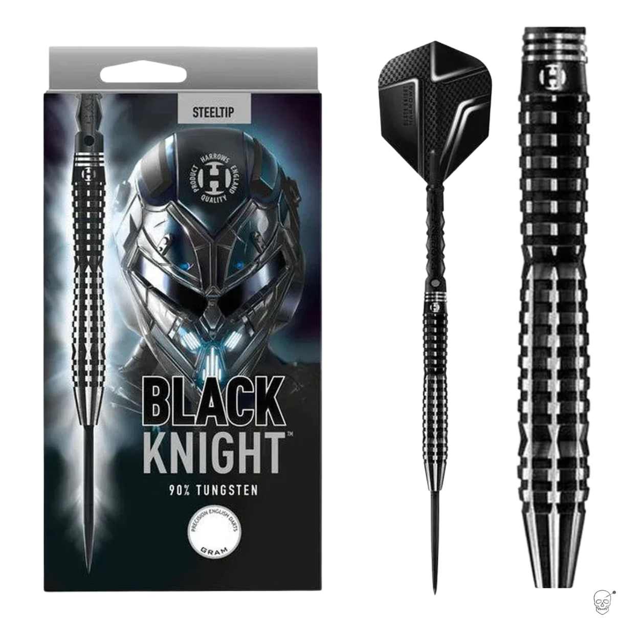 Full product view with packaging and single assembled 90% tungsten steel tip dart, close-up on knurled black barrel grip design.