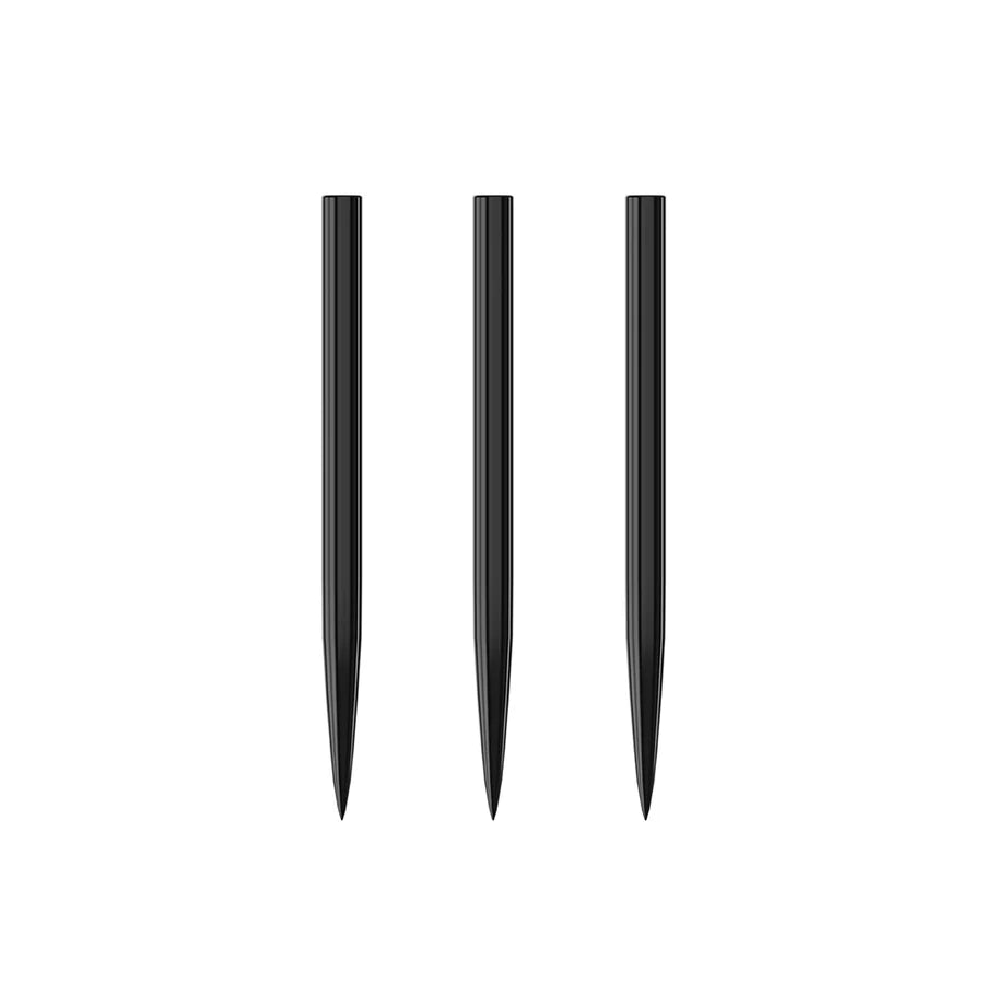 Three black steel dart points fully visible on white background, straight-on view highlighting sharp tips and durable steel construction