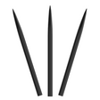 Three black steel tip dart points isolated on white background, full length view, sharp precision tips for dartboards
