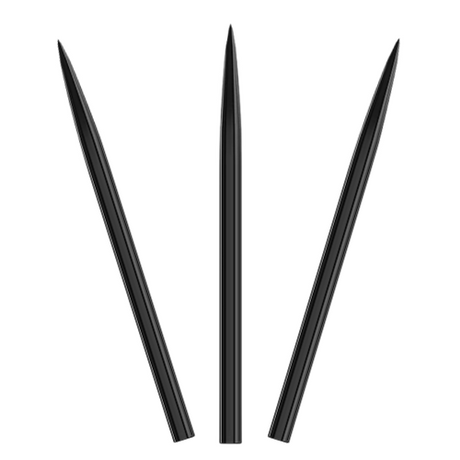 Three black steel tip dart points isolated on white background, full length view, sharp precision tips for dartboards