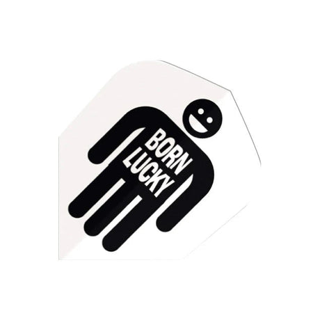 Close-up of dart flight featuring bold Born Lucky text and stick figure graphic, isolated on white background