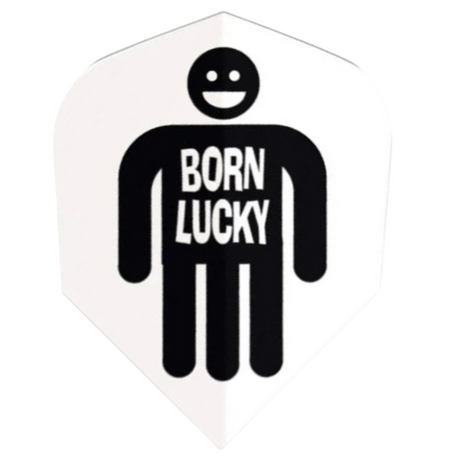 Single Quadro No.6 dart flight in full view, white background, bold black 'Born Lucky' stick figure graphic for darts