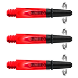 Three carbon 360 dart shafts side view showing red translucent bodies and spinning black tops with rotation arrows, isolated on white