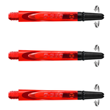 Red carbon 360 dart shafts in horizontal row, close-up showing spin tip feature, isolated on white background for darts equipment buyers