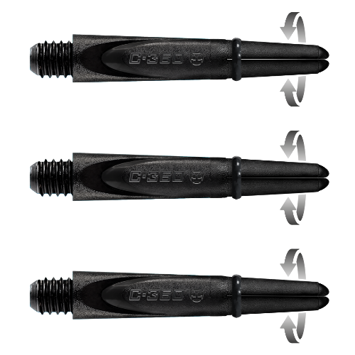 Three black carbon dart spin shafts displayed side by side, isolated on white, highlighting 360 spin mechanism with directional arrows.