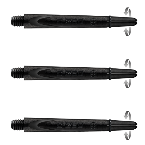 Set of three carbon spin dart shafts side view, full product display, isolated on white with spin mechanism arrows, textured grip.
