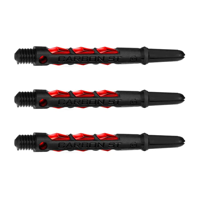 Three carbon dart shafts with black and red dual-injection details, isolated on white background, showcasing textured grip design