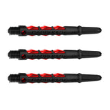 Three carbon dart shafts with black and red dual-injection details, isolated on white background, showcasing textured grip design