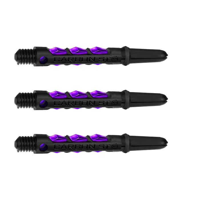 Three carbon composite dart shafts with purple accents and textured grip, displayed side by side on white background