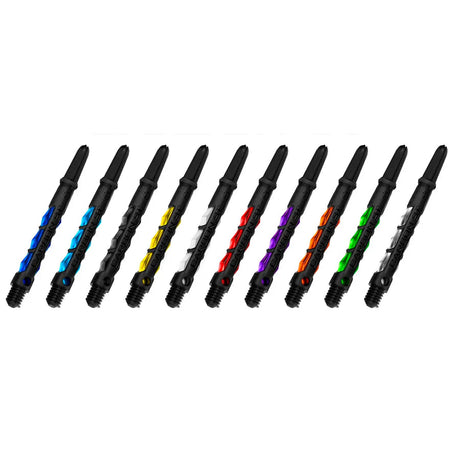 Nine carbon dart shafts in assorted colors lined up on white, highlighting grip texture and threaded tips for darts players