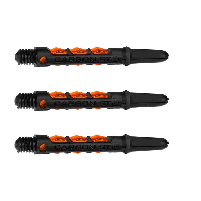 Three carbon dart shafts with orange inserts, side view, isolated on white background, showing textured grip and threaded base