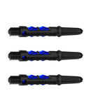Three carbon dart shafts with blue accents aligned side by side on white background, full view highlighting durable composite barrel design
