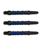 Three carbon dart shafts with blue inlays displayed side by side on white background, showcasing textured grip and thread detail