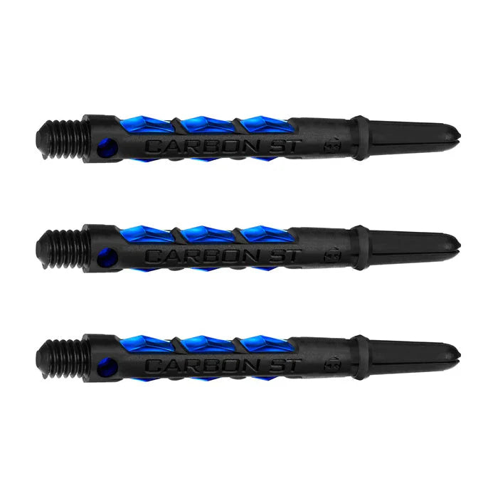 Three carbon dart shafts with blue accents and CARBON ST engraving, full view on white background, ideal for dart setup