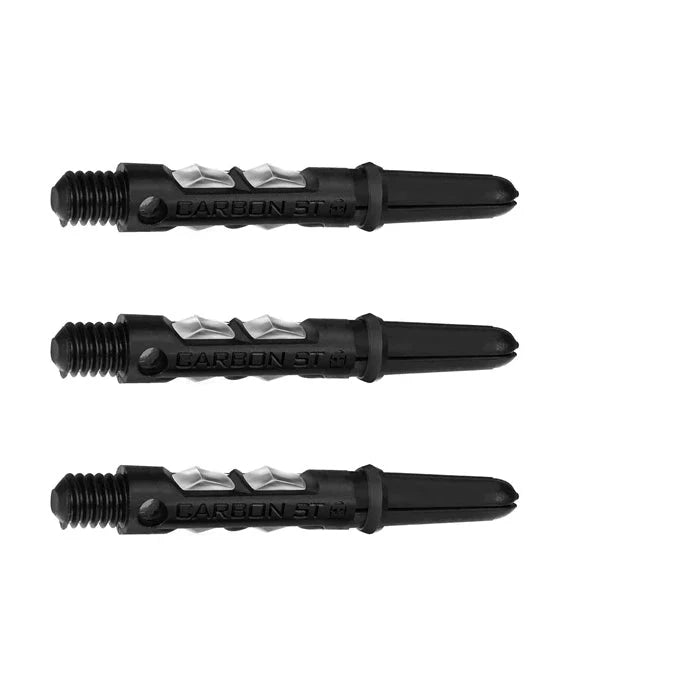 Three carbon composite dart shafts displayed side by side, showing textured grip and threaded ends on white background.