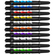 Carbon ST dart shafts full set arranged on white background showing colorful grip textures and threaded barrel ends