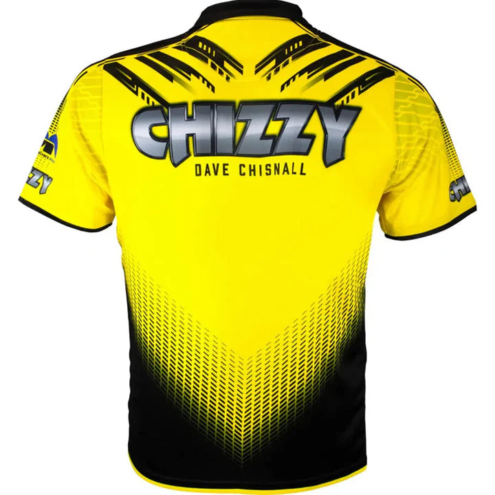 Back view of yellow Chizzy darts shirt with bold logo, black accents, and Quick-Dri fabric, isolated on white background