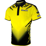 Angled view of Chizzy darts shirt with black collar, bold yellow and black graphic design, sleeve detailing, isolated on white background