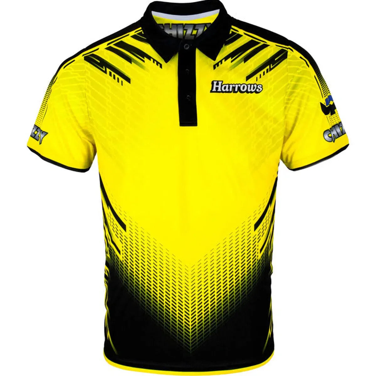 Front view of Chizzy darts shirt with bold yellow and black Quick-Dri fabric, geometric design, isolated on white background