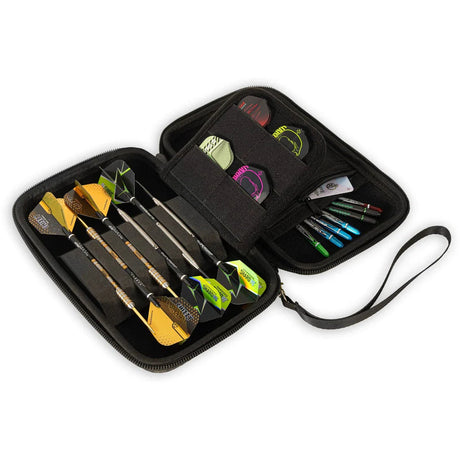 Open dart case top-down showing six steel tip darts, assorted flights, and shafts organized in foam and mesh compartments