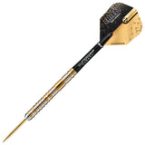 Full view tungsten dart with gold ringed barrel, precision grip, and Chizzy Series 2 patterned flight on white background
