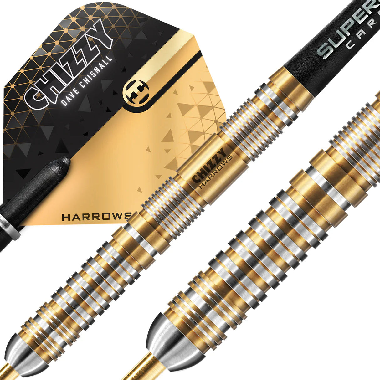Angled close-up of 90% tungsten darts with gold ringed barrel grip, Chizzy Series 2 engraving, and geometric dart flight