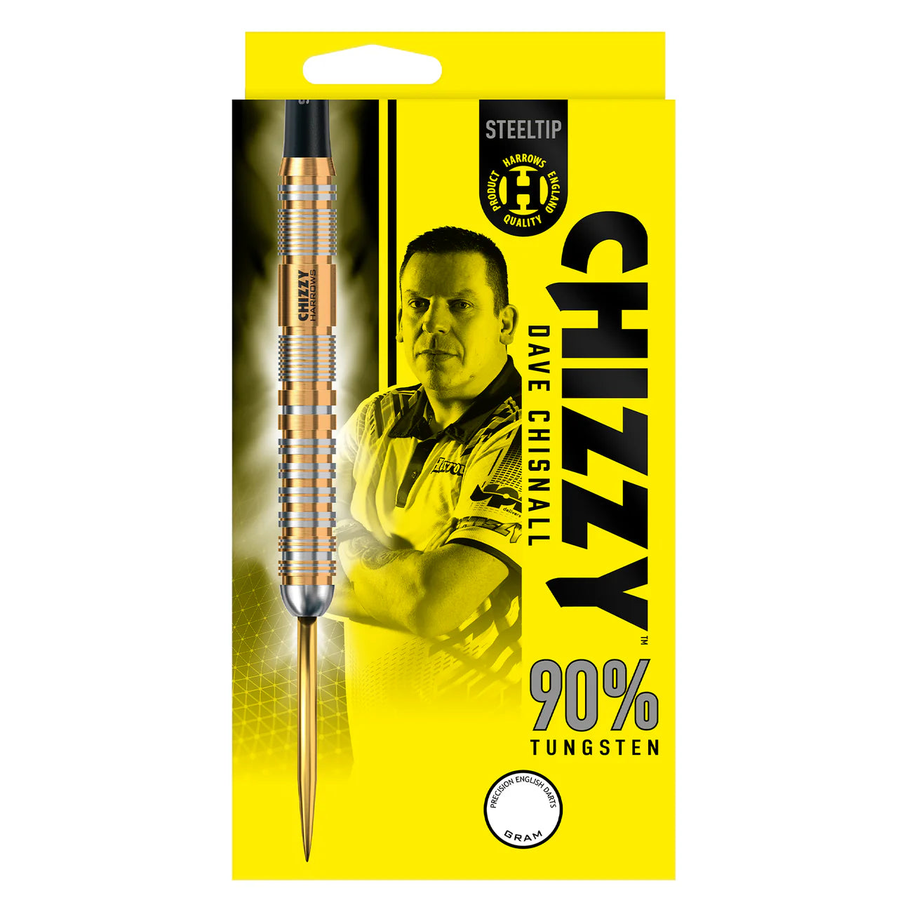 Steel tip 90% tungsten dart in retail packaging, grip rings and knurled barrel visible, full dart displayed for buyer reference