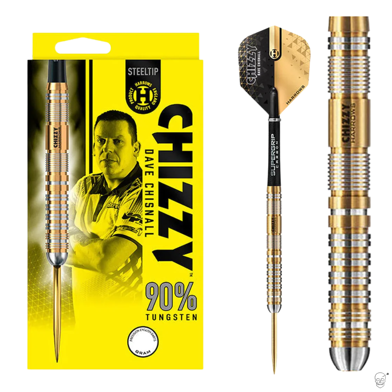 Steel tip tungsten darts set with gold and silver grooved barrel, full dart view, detailed flight, and retail packaging display