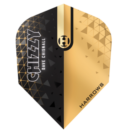 Full view of Chizzy Series 2 No.6 dart flight on white background with gold and black geometric pattern, 100 micron thickness
