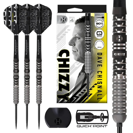 Triple set of 90% tungsten steel tip darts displayed with retail packaging, detailed barrel grip close-up, and Quick Point tool.